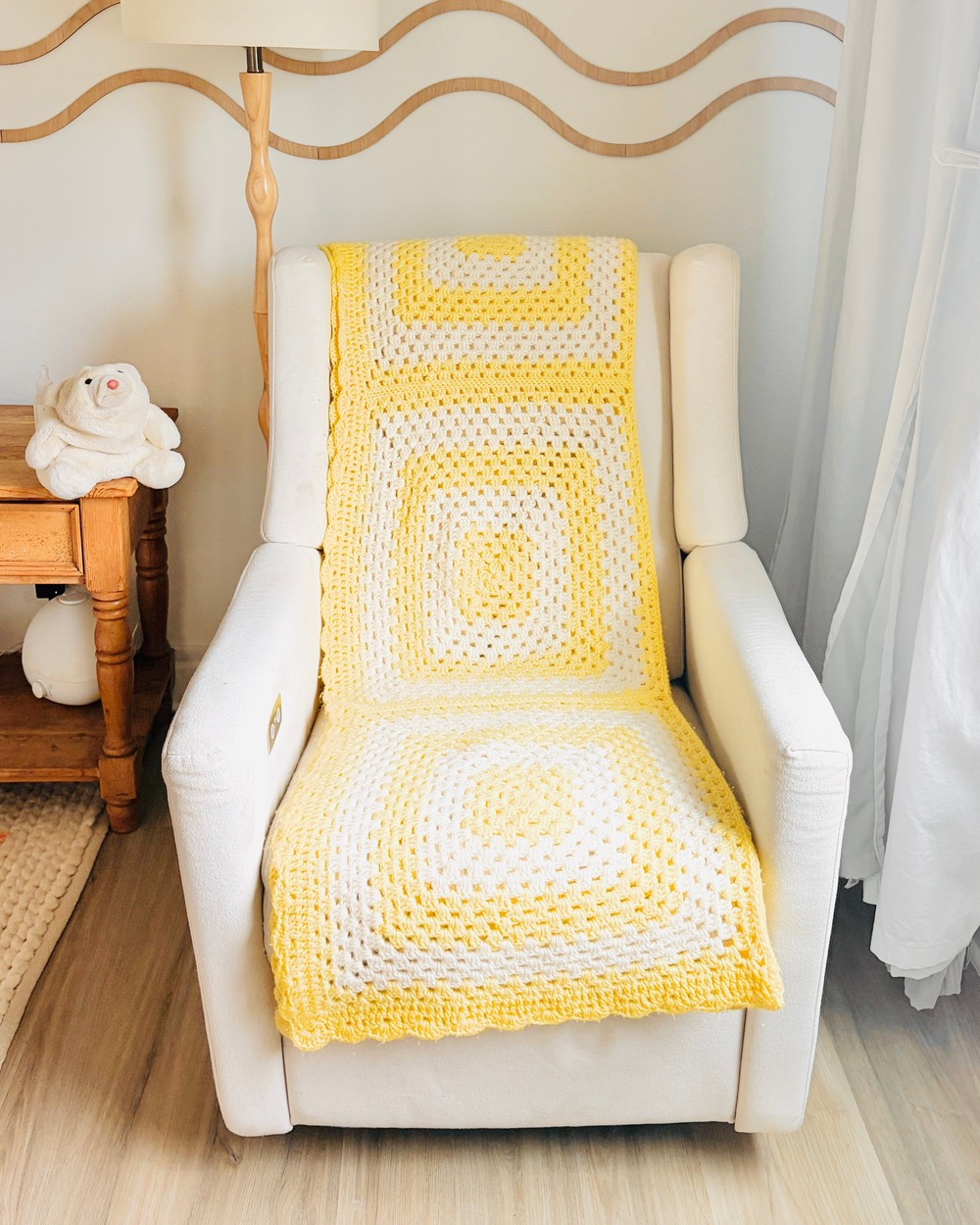 Vintage Granny Afghan Blanket Crochet Yellow & White 42"x70"